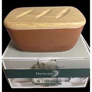 DOWAN Porcelain Butter Keeper Deep Dish Wood Lid Storage Container Brown Unused